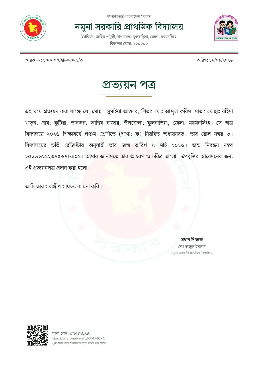 প্রত্যয়ন পত্রের নমুনা (নমুনা বিদ্যালয়ের তথ্য)